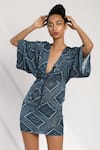 Nikita Mhaisalkar_Blue Sheeted Georgette V Neck Printed And Sequin Kaftan Dress_Online_at_Aza_Fashions