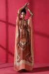 Nikita Mhaisalkar_Brown Crepe V Neck Tile Print Kaftan With Belt_Online_at_Aza_Fashions