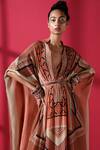 Shop_Nikita Mhaisalkar_Brown Crepe V Neck Tile Print Kaftan With Belt_Online_at_Aza_Fashions
