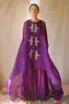 Buy_Neha Poddar_Purple Cape Organza Crop Top And Pant Silk Round With Set _at_Aza_Fashions
