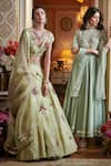 Shop_Sahil Kochhar_Green Raw Silk Embroidered Floral V Neck Bridal Lehenga Set  _at_Aza_Fashions