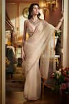 Buy_Sahil Kochhar_Beige Organza 35gm Embroidered Floral V Neck Saree With Blouse  _at_Aza_Fashions