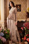 Buy_Sahil Kochhar_Pink Chanderi Embroidered Floral Round Peplum Kurta And Cowl Pant Set  _at_Aza_Fashions