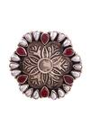 Noor_Silver Plated Pearls Handcrafted Oxidized Floral Ring _Online_at_Aza_Fashions