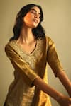 Shorshe Clothing_Gold Handloom Tissue Embroidery V Neck Kurta And Salwar Set _Online_at_Aza_Fashions