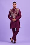 Buy_Diyarajvvir_Wine Cotton Silk Acrylic And Thread Mix Embroidered Jacket & Kurta Set _at_Aza_Fashions