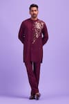Shop_Diyarajvvir_Wine Cotton Silk Acrylic And Thread Mix Embroidered Jacket & Kurta Set _at_Aza_Fashions