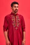 Shop_DiyaRajvvir_Maroon Cotton Silk Acrylic And Thread Mix Embroidered Kurta Set _at_Aza_Fashions