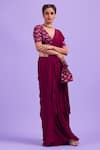 Buy_DiyaRajvvir_Purple Top Modal Embroidery Cutdana V Neck Ruffle Pre-draped Saree With Blouse _at_Aza_Fashions