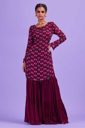 Vibrant Purple Sleeveless Kurti & Tiered Gharara Set with Fuchsia Contrast