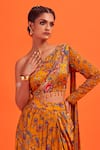 DiyaRajvvir_Yellow Top Modal Printed Bale One Shoulder Sleeve Crop And Dhoti Skirt Set _Online_at_Aza_Fashions