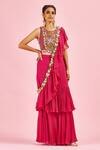 Buy_DiyaRajvvir_Fuchsia Top Fabric Cotton Silk Embroidery Bugle Pre-draped Saree With Blouse _at_Aza_Fashions