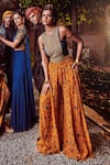 Shop_DiyaRajvvir_Yellow And Embroidery Bale Round Crop Top & Flared Pant Set _at_Aza_Fashions