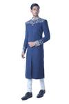 Buy_Debarun_Blue Heavy Handloom Cotton Embroidered Sherwani And Kurta Set  _Online_at_Aza_Fashions