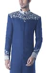 Shop_Debarun_Blue Heavy Handloom Cotton Embroidered Sherwani And Kurta Set  _Online_at_Aza_Fashions