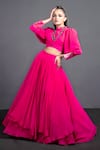 Buy_Neha & Tarun_Pink Chanderi Silk Mandarin Collar Lehenga Set _at_Aza_Fashions