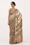 Buy_Nakul Sen_Brown Chiffon Embroidered Sequin V Neck Striped Saree Set _at_Aza_Fashions