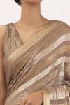 Nakul Sen_Brown Chiffon Embroidered Sequin V Neck Striped Saree Set _at_Aza_Fashions