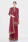Buy_Nakul Sen_Maroon Chiffon Mandarin Collar Embroidered Kurta Sharara Set  _at_Aza_Fashions
