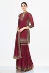 Nakul Sen_Maroon Chiffon Mandarin Collar Embroidered Kurta Sharara Set  _Online_at_Aza_Fashions