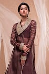 Shop_Nadima Saqib_Brown Habutai Silk V Neck Organza Embroidered Kurta Lehenga Set _at_Aza_Fashions