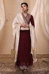 Buy_Nadima Saqib_Maroon Habutai , Organza V Neck Embroidered Anarkali With Dupatta _at_Aza_Fashions