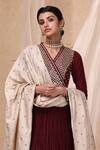Shop_Nadima Saqib_Maroon Habutai , Organza V Neck Embroidered Anarkali With Dupatta _at_Aza_Fashions