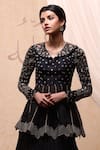 Shop_Nadima Saqib_Black Habutai Silk V Neck Organza Embroidered Kurta Lehenga Set _at_Aza_Fashions