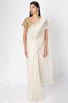 Buy_Nadima Saqib_Beige Pure Silk V Neck Organza Saree With Blouse _at_Aza_Fashions