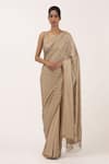 Buy_Nakul Sen_Beige Chiffon Embroidery Sequin V Neck Saree With Blouse _at_Aza_Fashions