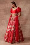 Neeta Lulla_Red Raw Silk Rose Lehenga Set_Online_at_Aza_Fashions