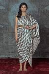 Buy_Nidhika Shekhar_White Mashru Asymmetric Printed Draped Dress _at_Aza_Fashions