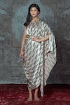 Shop_Nidhika Shekhar_White Mashru Asymmetric Printed Draped Dress _at_Aza_Fashions