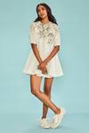 Not So Serious By Pallavi Mohan_White Cotton Embroidery Round Ana Flared Dress _Online_at_Aza_Fashions