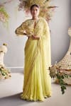 Buy_Not So Serious By Pallavi Mohan_Yellow Chiffon Embroidery Jacket Round Pre-draped Saree With Blouse  _at_Aza_Fashions