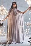 Buy_Not So Serious By Pallavi Mohan_Grey Chiffon Embroidery Mandarin Collar Cape Gown _at_Aza_Fashions