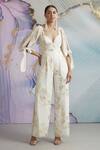 Buy_Not So Serious By Pallavi Mohan_White Georgette Jacquard Floral Motifs Plunge V Globe Flower Jumpsuit _at_Aza_Fashions