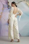 Shop_Not So Serious By Pallavi Mohan_White Georgette Jacquard Floral Motifs Plunge V Globe Flower Jumpsuit _at_Aza_Fashions
