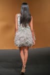 Shop_Not So Serious By Pallavi Mohan_Blue Tulle Embroidered Bugle Beads Plunge V Neck Mod Flapper Dress  _at_Aza_Fashions
