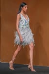 Not So Serious By Pallavi Mohan_Blue Tulle Embroidered Bugle Beads Plunge V Neck Mod Flapper Dress  _Online_at_Aza_Fashions