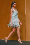 Shop_Not So Serious By Pallavi Mohan_Blue Tulle Embroidered Bugle Beads Plunge V Neck Mod Flapper Dress  _Online_at_Aza_Fashions