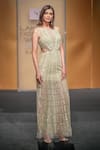 Buy_Not So Serious By Pallavi Mohan_Green Tulle Embroidery Bead Boat Neck Diana Gown  _at_Aza_Fashions