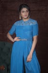 Shop_Nidhika Shekhar_Blue Crepe Round Embroidered Jumpsuit _at_Aza_Fashions