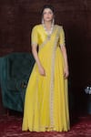 Buy_Nidhika Shekhar_Yellow Crepe V Neck Embroidered Silk Anarkali _at_Aza_Fashions