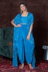 Buy_Nidhika Shekhar_Blue Crepe Square Neck Draped Silk Jumpsuit _at_Aza_Fashions