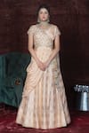 Buy_Nidhika Shekhar_Peach Chiffon Surplice Embroidered Chanderi Bridal Lehenga Set _at_Aza_Fashions