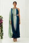 Nidhika Shekhar_Blue Georgette Embroidery Crew Neck Ombre Draped Dress _Online_at_Aza_Fashions