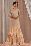 Nidhika Shekhar_Beige Georgette Hand Embroidered Sequins V Neck Ruffle Lehenga Kurta Set _Online_at_Aza_Fashions