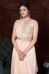 Shop_Nidhika Shekhar_Peach Silk, Crepe, Georgette Scoop Neck Pre-draped Saree _at_Aza_Fashions