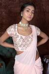 Shop_Nidhika Shekhar_Pink Silk, Chanderi, Georgette Scoop Neck Pre-draped Saree _at_Aza_Fashions